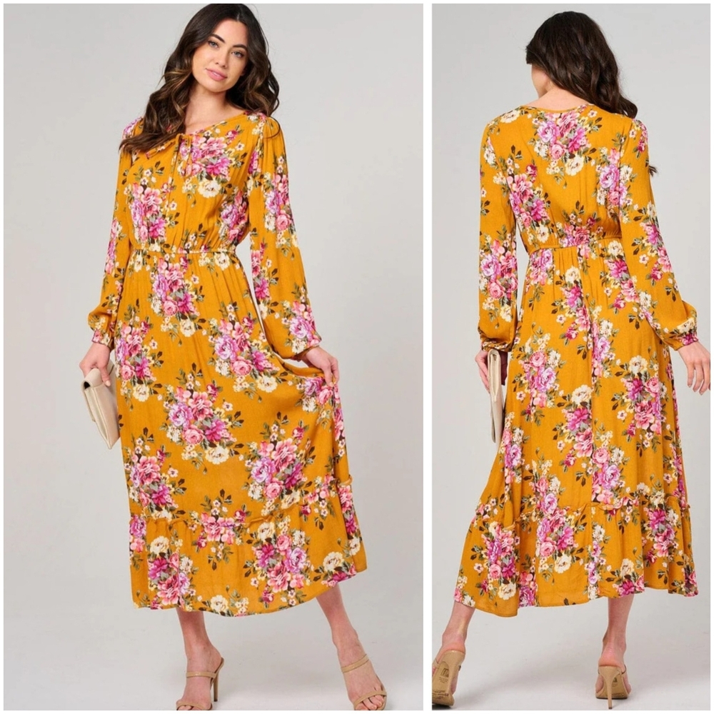 KORI America Boutique Floral Golden Yellow Dress Boho Romantic Tie-Neck – Size L